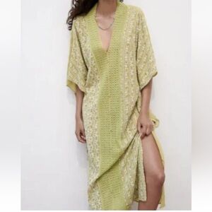 NWT ZARA EMBROIDERED GREEN LONG TUNIC DRESS 7521/077 Elegant Green Swim Cover-Up
